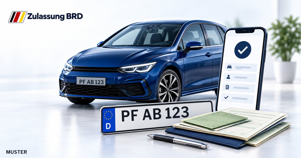 Online Fahrzeugzulassung in Mühlacker: Musterkennzeichen PF AB 123, Auto und Fahrzeugpapiere und Smartphone. Illustration mit Logo von Zulassung BRD.
